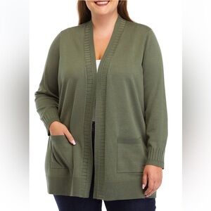 Cable & Gauge Olive Green Knit Rib Trim Open Cardigan